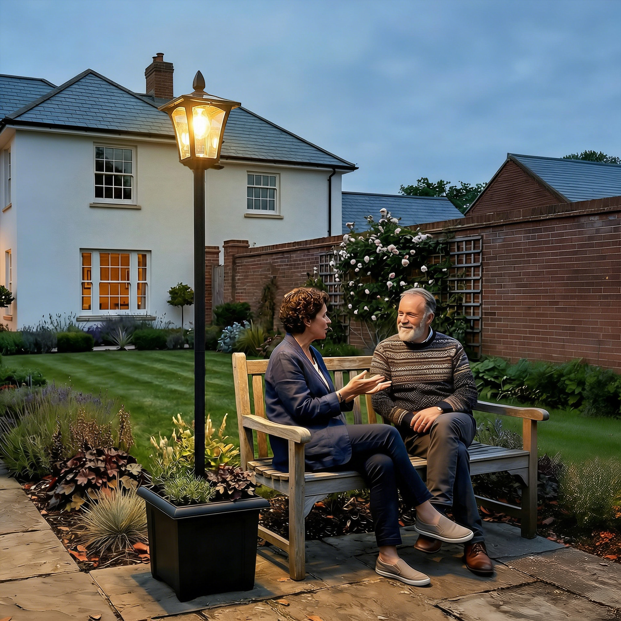 Farola Solar Exterior de Jardín con Macetero, Luz Solar de Exterior LED, Poste de Aluminio, Impermeable IP44, Encendido/Apagado Automático, para Terraza, Patio, 33x33x160 cm, Negro