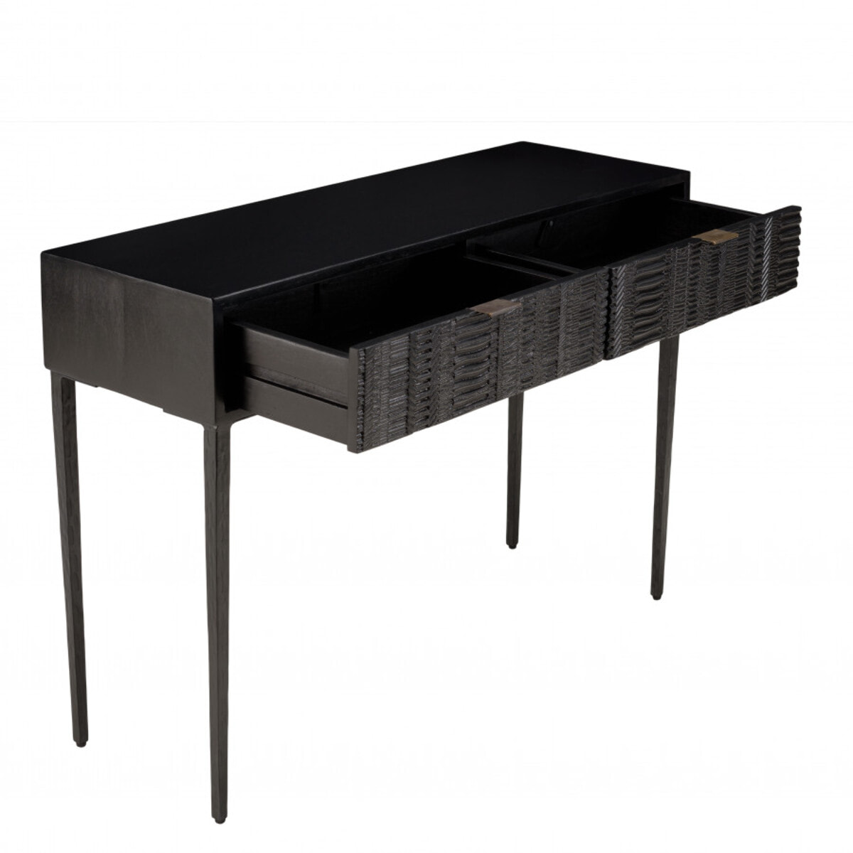 GLORIA - Console en manguier noir 2 tiroirs sculptés pieds en métal