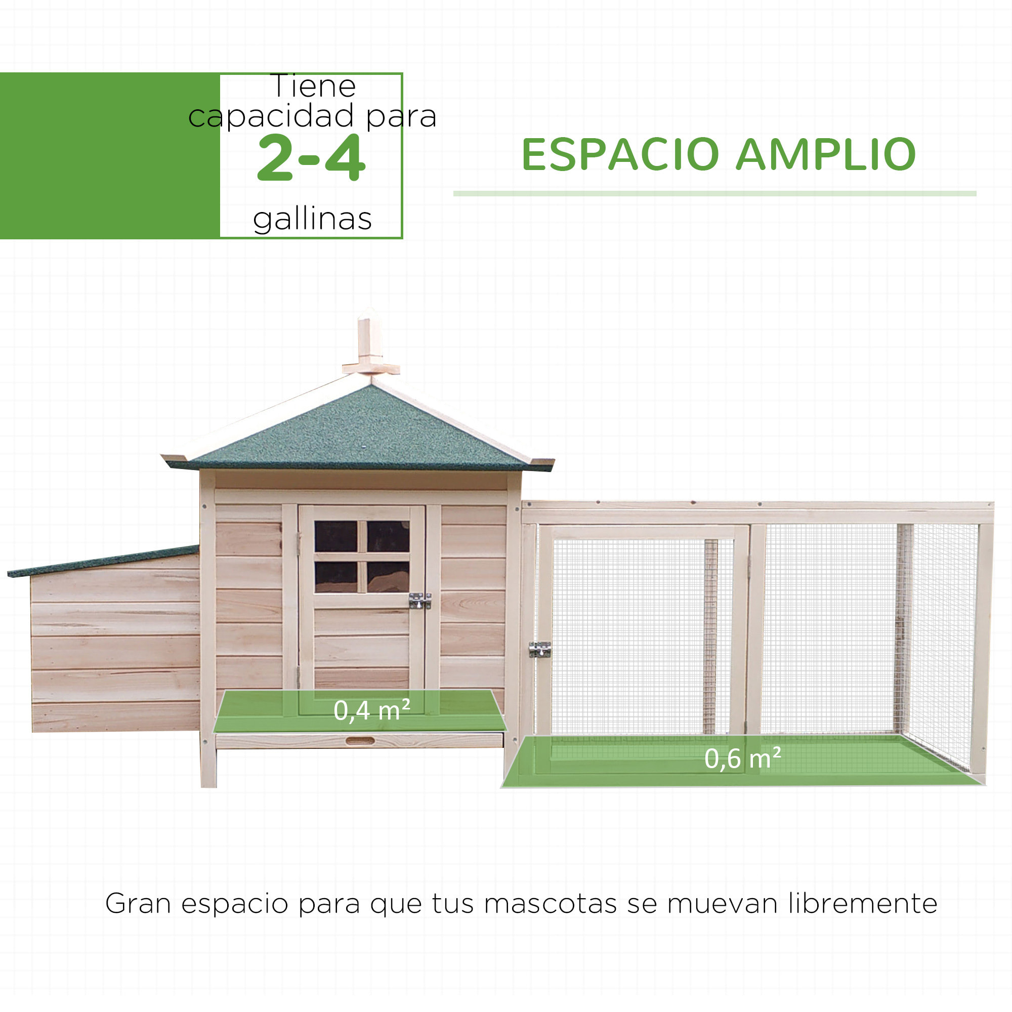 Gallinero de Madera de Abeto Refugio Jaula para Gallinas Pollos Exterior con Caja Nido Bandeja Extraíble y Espacio para Correr 196x76x97 cm Natural