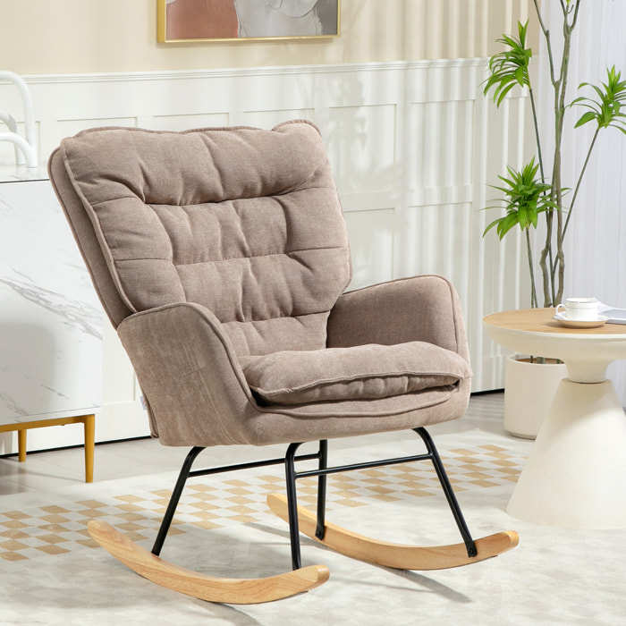 Silla Mecedora Moderna, Mecedora Tapizada en Chenilla, Sillón de Lactancia con Respaldo Ancho, Acolchado Grueso, Patas de Madera, Reposabrazos, para Dormitorio, Salón, Marrón