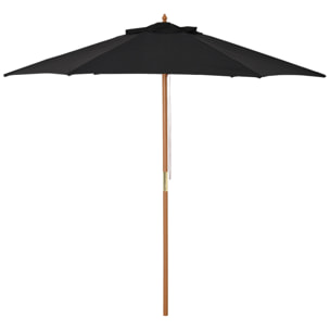 Sombrilla Parasol de Madera Ø250x230cm para Exterior con 6 Varillas Sistema de Cuerda con Fijación Desmontable Portátil Fácil de Guardar y Transportar Negro