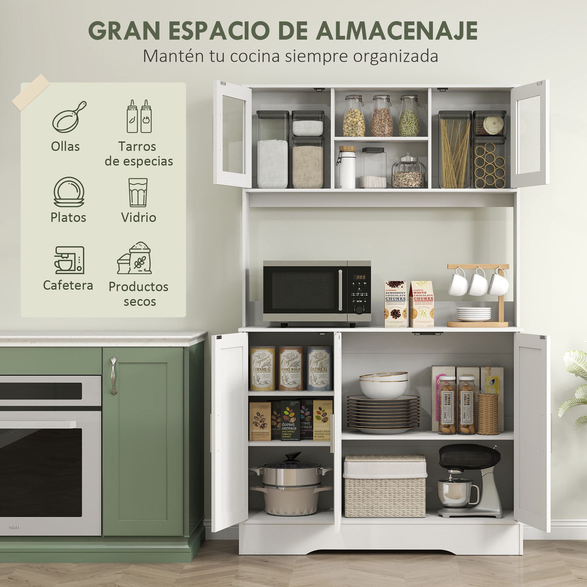 Alacena de Cocina, Mueble Auxiliar de Cocina con 2 Puertas de Vidrio, Encimera Amplia para Microondas, Compartimentos Abiertos, Estantes Ajustables, 108x35x180 cm, Blanco