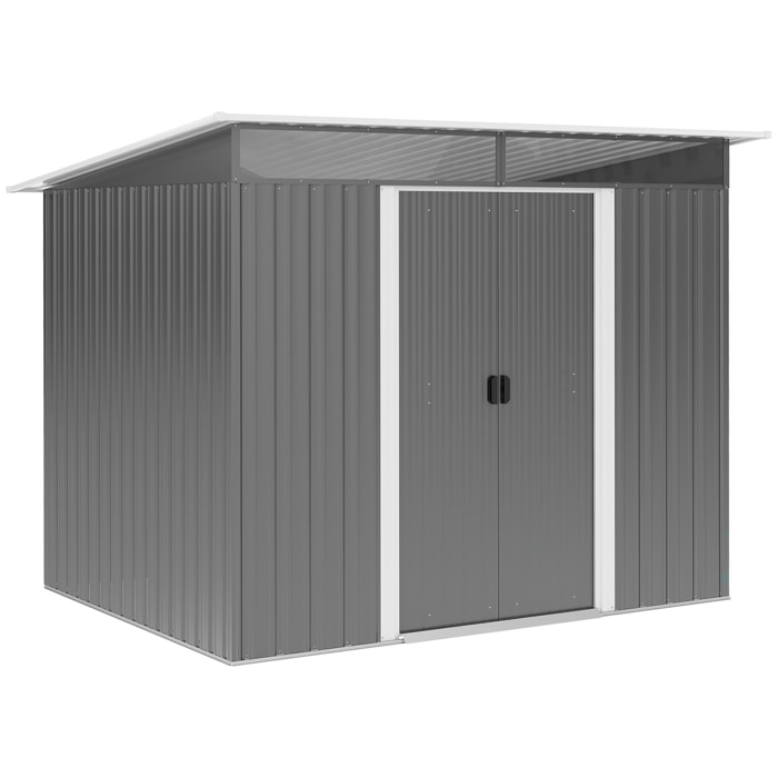 Cobertizo de Jardín Exterior 4,5 m² 260x194x200 cm Caseta de Jardín Exterior Metálica con Paneles Frontales Transparentes y 2 Puertas Corredizas para Almacenamiento de Herramientas Gris