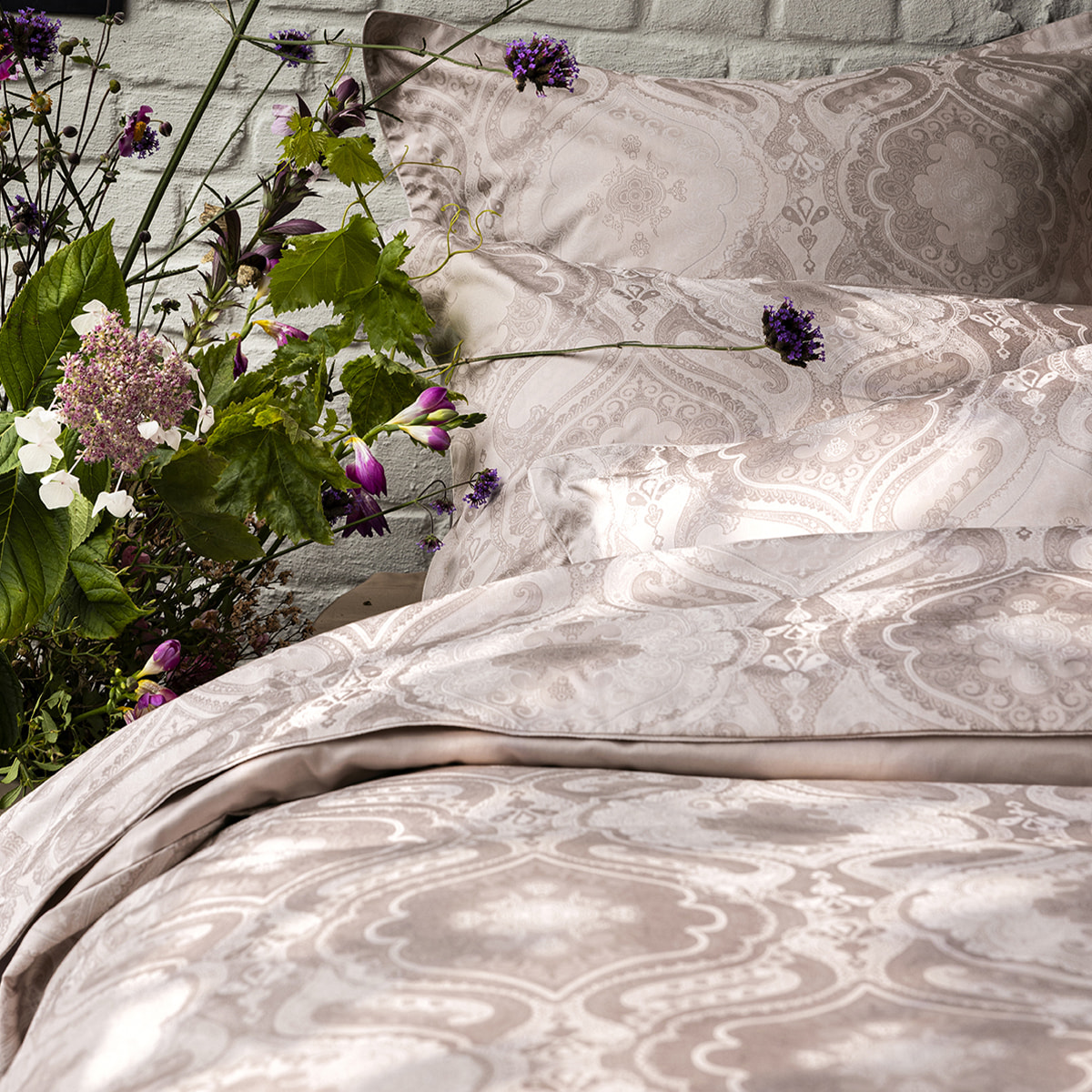 Housse de couette imprimée en satin de coton bio, SHALIMAR, Rosee