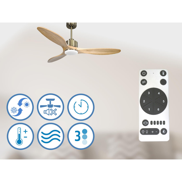 Ventilateur de plafond Réversible  Thermostat Dimmable Wifi Moteur à courant continu Toits en pente Télécommande Lumière à trois tons Hypersilence Mémoire