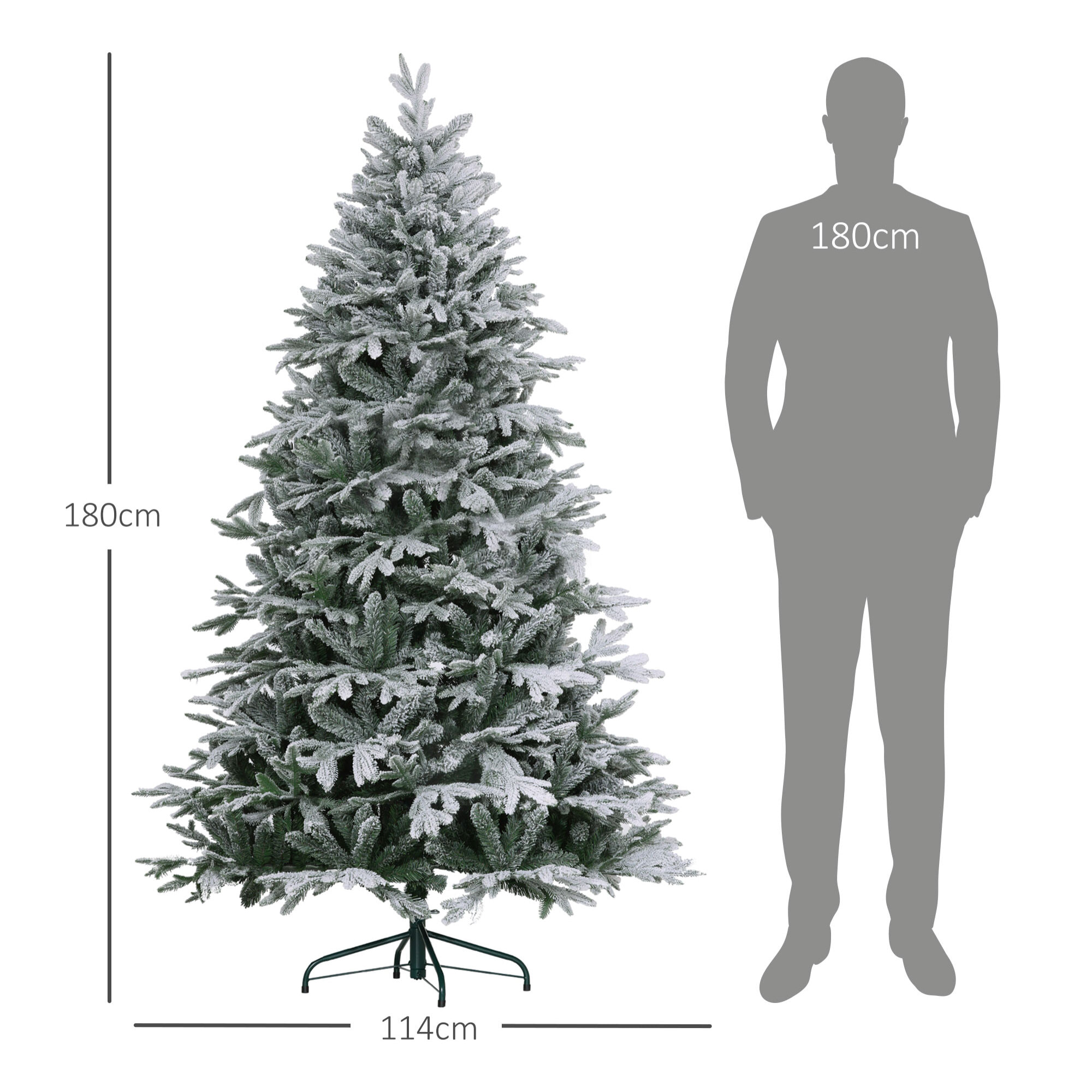 HOMCOM Albero di Natale Innevato 180cm con 2531 Rami Alto e Stretto con Base Pieghevole, Verde