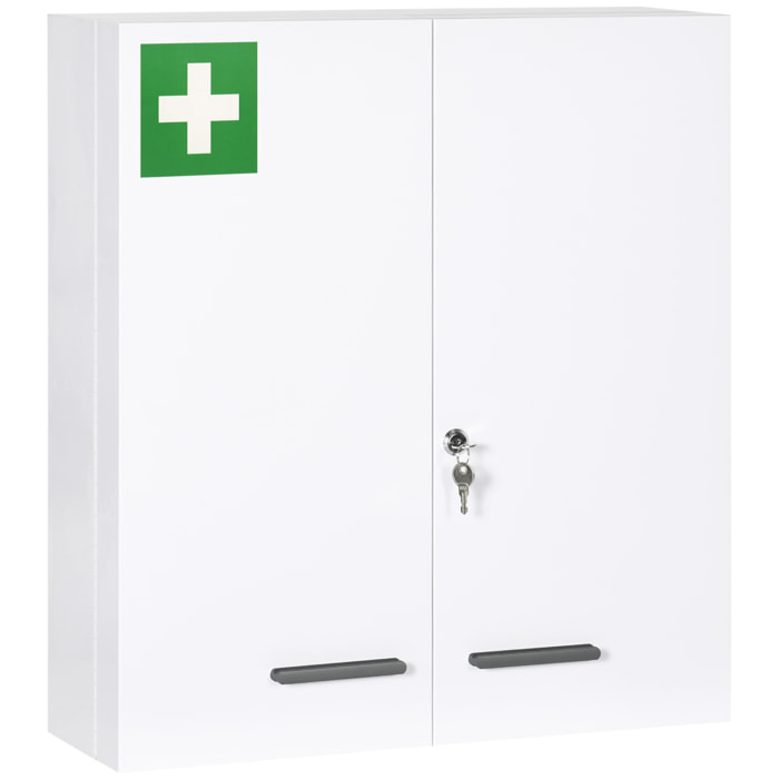 Botiquín de Pared de Acero de Primero Auxilios Botiquín para Medicinas de 3 Niveles Armario de Baño con Cerradura y 2 Llaves para Cocina 55x18x60 cm Blanco
