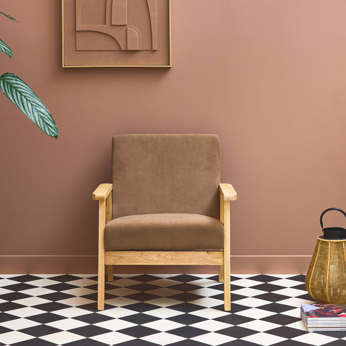 Fauteuil vintage / scandinave structure en bois et contreplaqué et assise en velours côtelé taupe