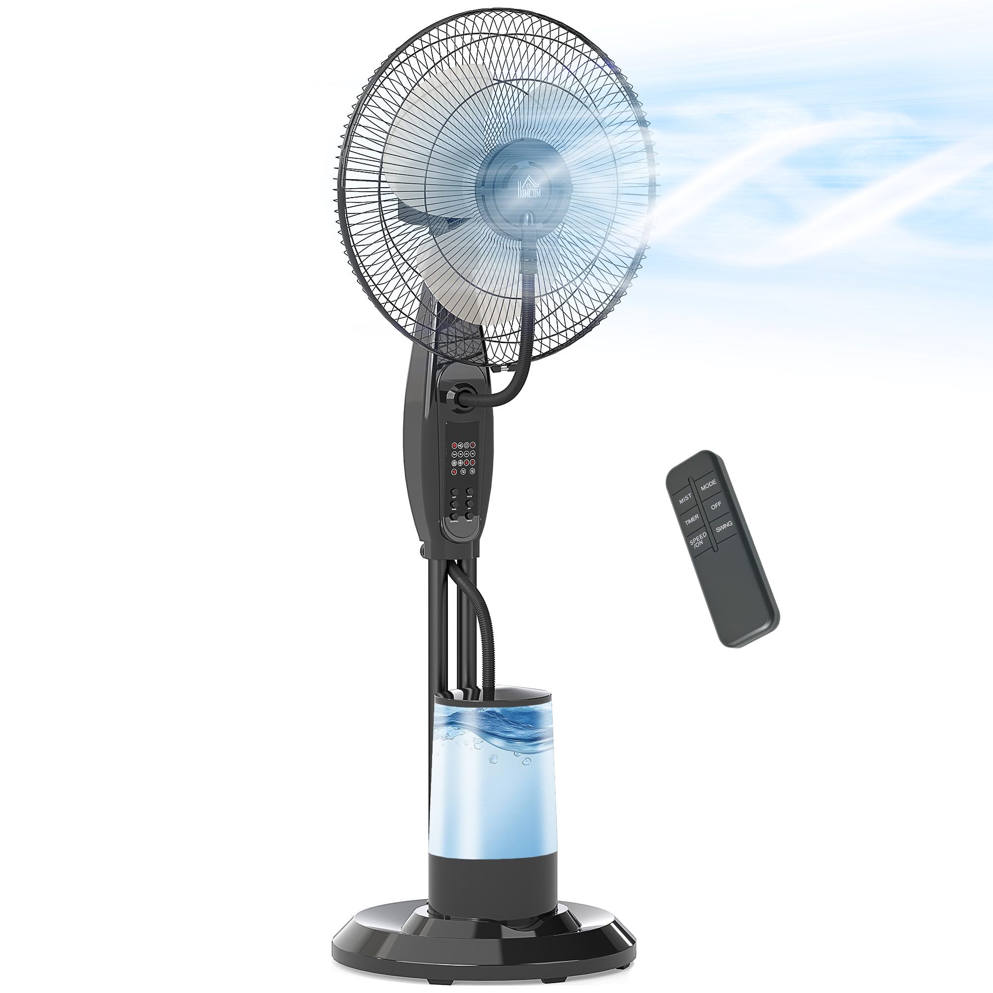 Ventilador Nebulizador Ventilador de Pie con Agua Oscilante 75 W Temporizador Tanque 3,2L Mando a Distancia 3 Velocidades 3 Aspas y Pantalla LED Ø44,5 cm Negro