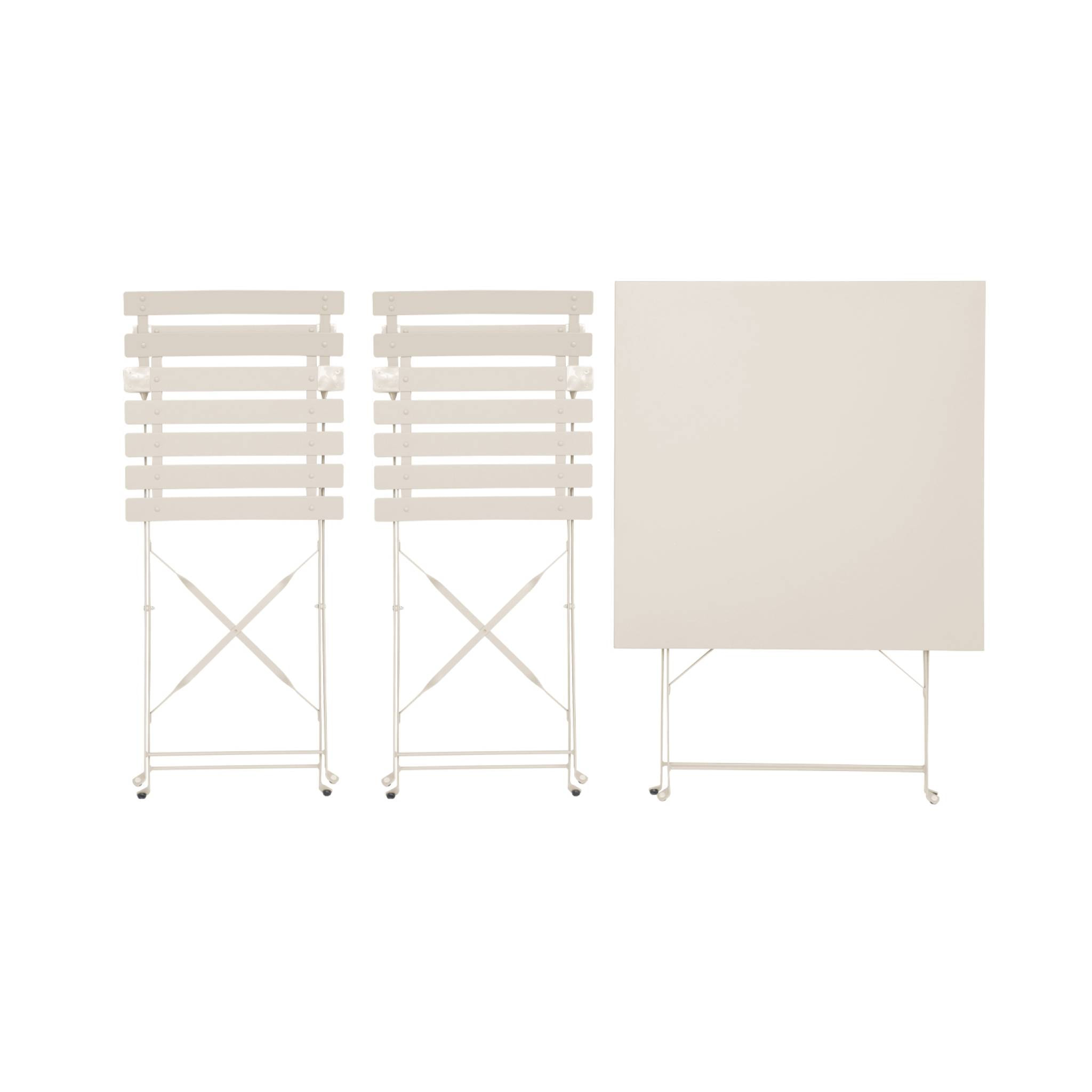 Table de jardin bistrot pliante métal + 2 assises beige 70 x 70cm. acier thermolaqué