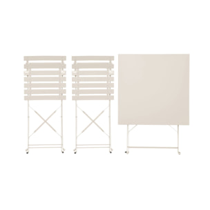 Table de jardin bistrot pliante métal + 2 assises beige 70 x 70cm. acier thermolaqué