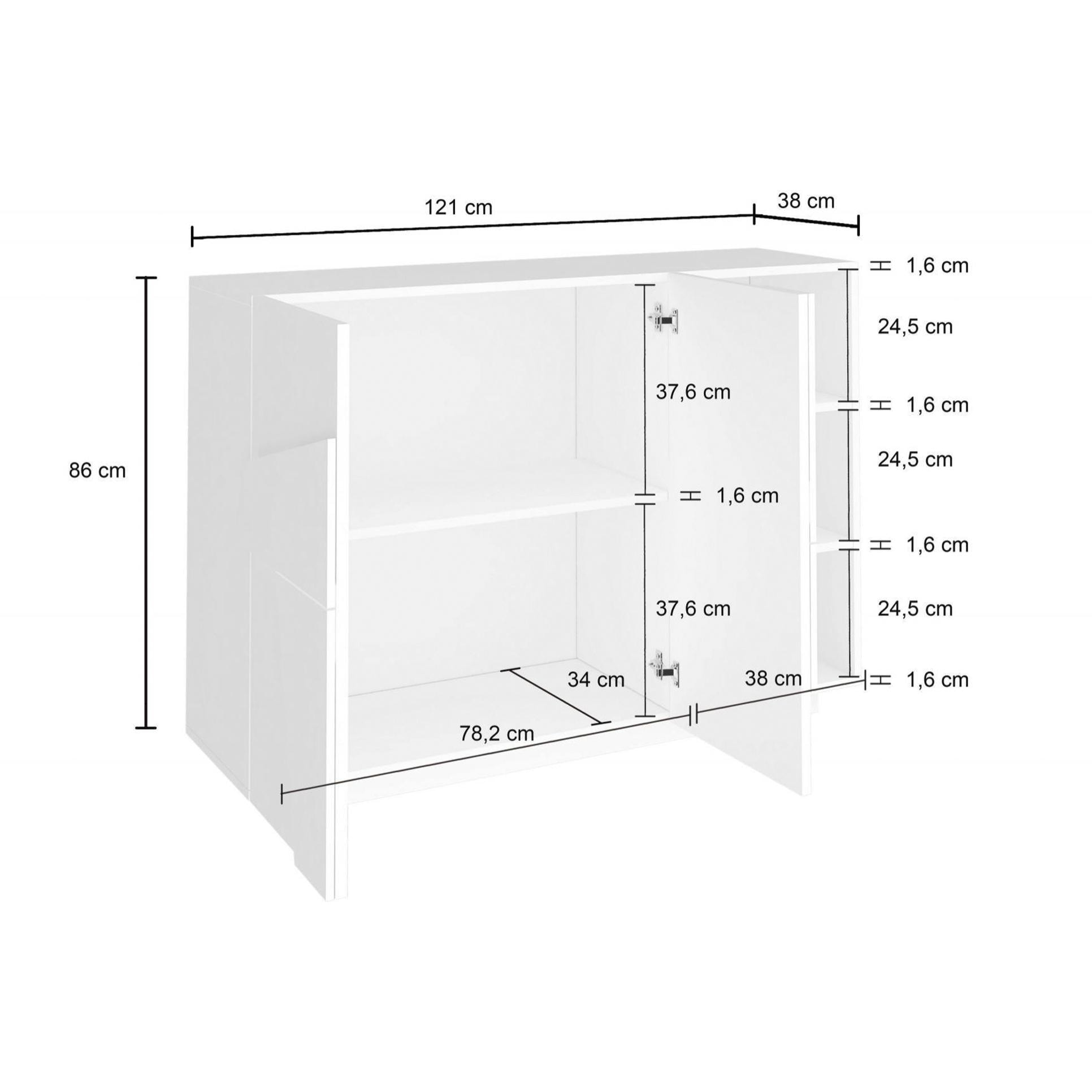 Mobile da ingresso a 2 ante e scaffali aperti, Made in Italy, Entratina moderna, Credenza per atrio, cm 121x38h86, colore Grigio Cenere