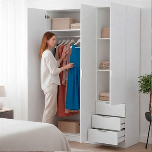 Armadio Guardaroba Vestiti 3 Ante Battenti 4 Ripiani E 3 Cassetti Con Barra Appendiabiti Salvaspazio Design Moderno 200 x 52 x 135 Cm Bianco