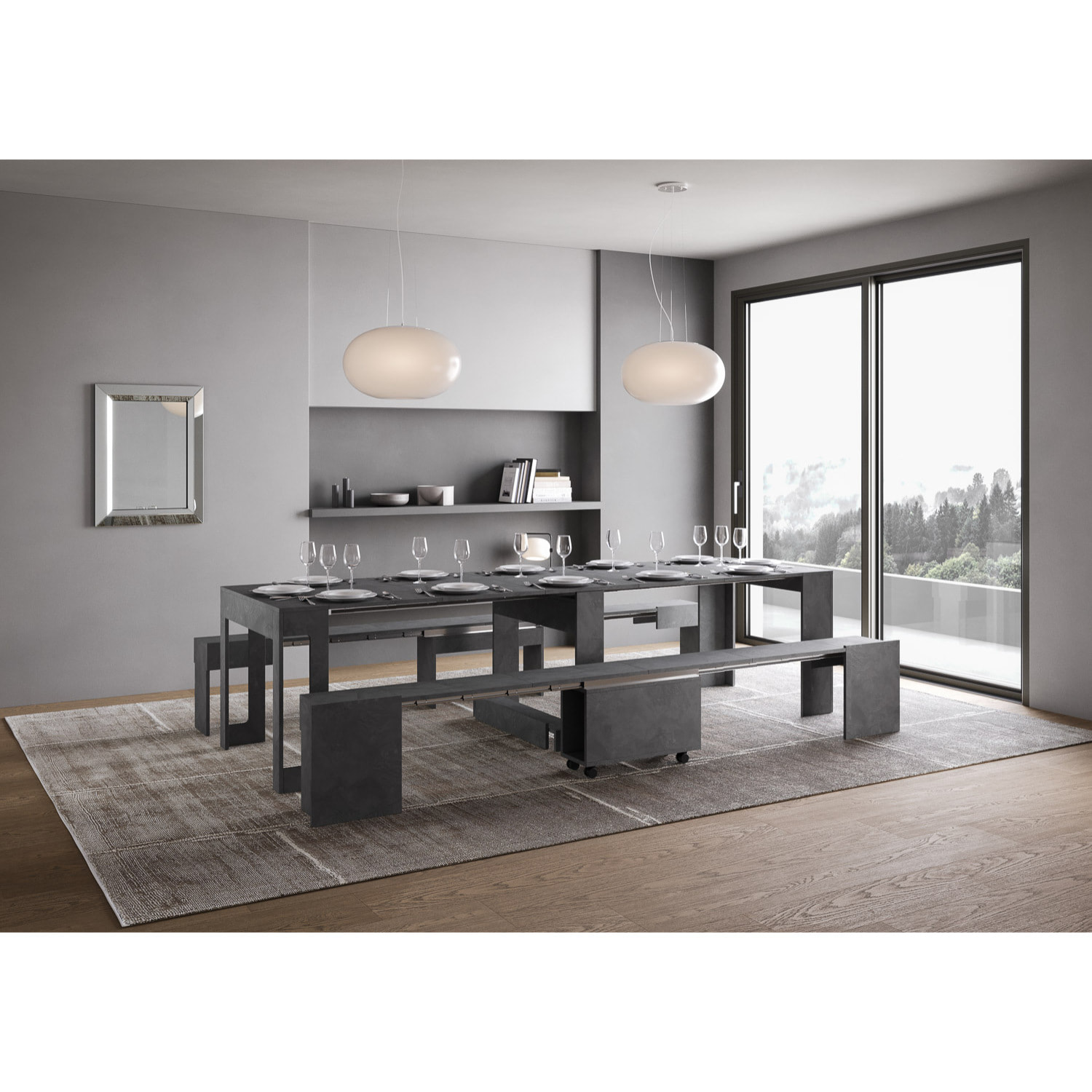 Consolle allungabile 90x42/302 cm Evolve Antracite Spatolato allunghe interne con panca inferiore e superiore