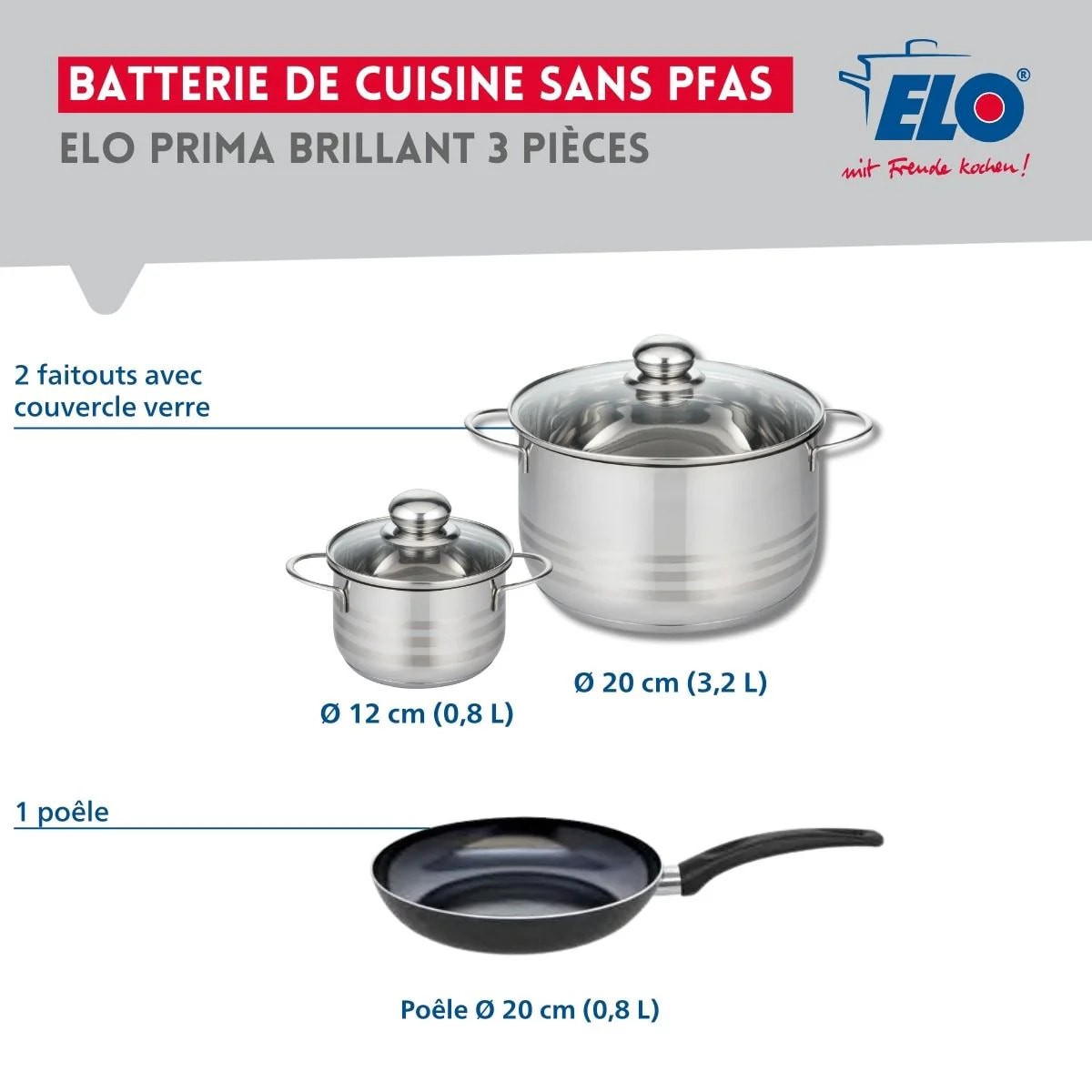 Ensemble de 1 Poêle de cuisson 20 cm et 2 faitouts 12 et 20 cm Elo Prima Brillant
