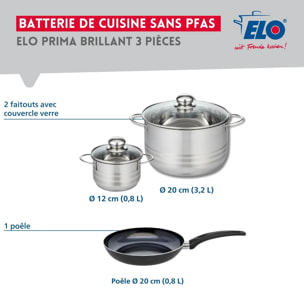 Ensemble de 1 Poêle de cuisson 20 cm et 2 faitouts 12 et 20 cm Elo Prima Brillant