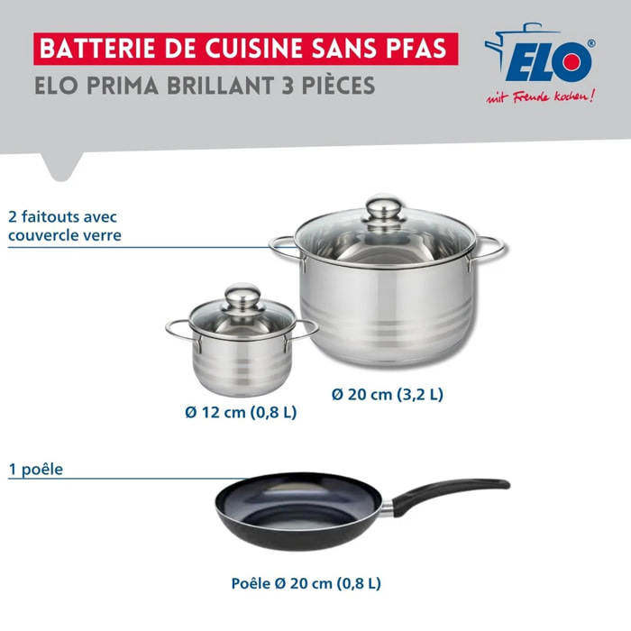 Ensemble de 1 Poêle de cuisson 20 cm et 2 faitouts 12 et 20 cm Elo Prima Brillant