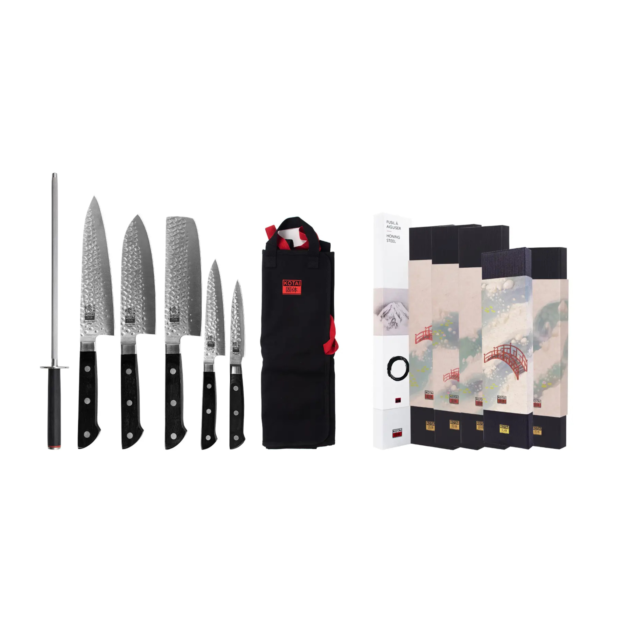 Il Set Nomade Completo Hashi Tsuchime 7 pezzi: 5 coltelli (ufficio + petty + nakiri + santoku + gyuto) + custodia 100% cotone + acciaino per affilare
