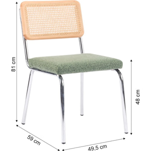 Lot de 2 chaises chromées, cannage et tissu bouclé - PAULA