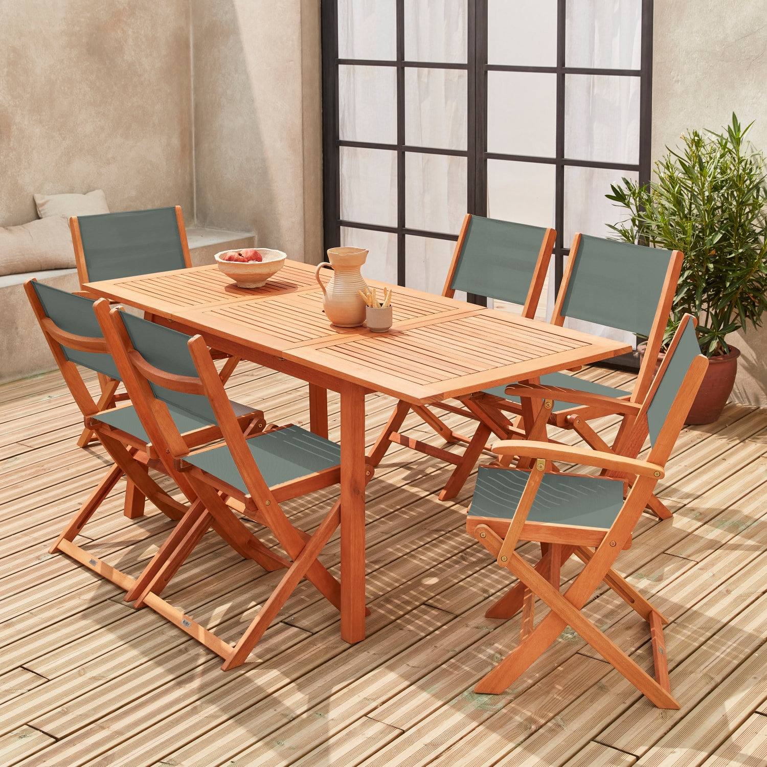 Table de jardin extensible bois d'eucalyptus + 6 assises - Almeria - Table 120/180cm avec rallonge. 2 fauteuils et 4 chaises. en bois d'Eucalyptus huilé et textilène kaki