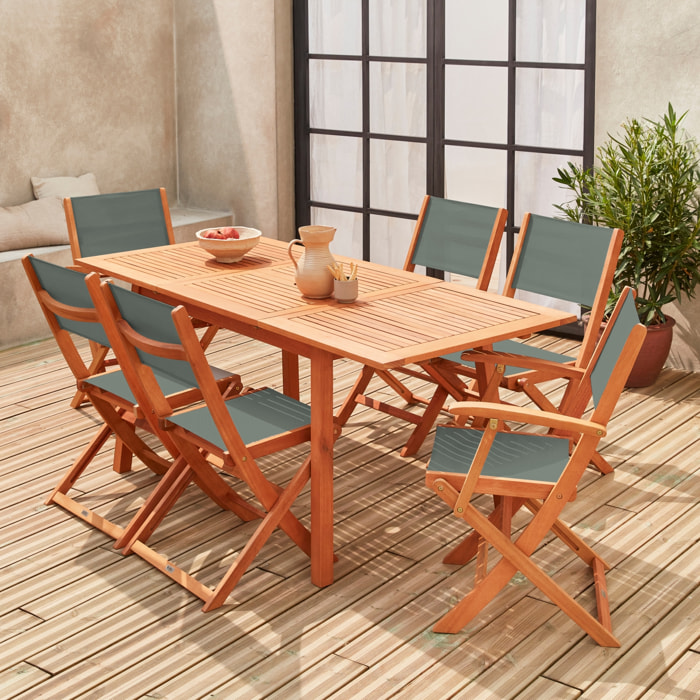 Table de jardin extensible bois d'eucalyptus + 6 assises - Almeria - Table 120/180cm avec rallonge. 2 fauteuils et 4 chaises. en bois d'Eucalyptus huilé et textilène kaki