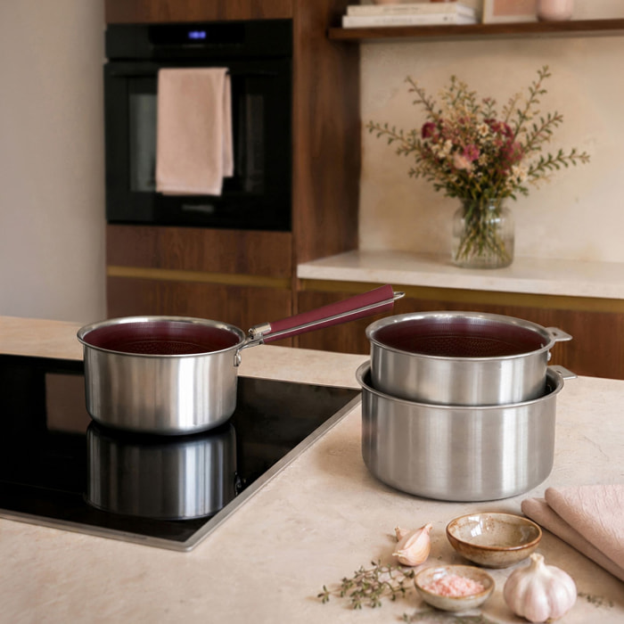 Set de 3 casseroles en acier inoxydable et poignée amovible lie de vin AGLAE