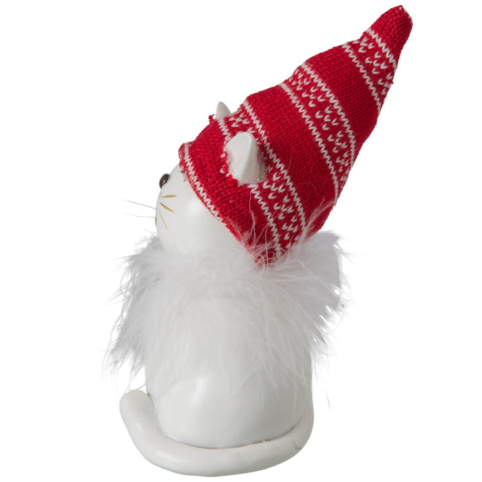 J-Line Chat avec chapeau - polyrésine - blanc/rouge Noël - medium