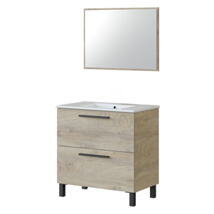 Mobile Bagno A Terra Con 2 Cassettoni Soft Close E Lavabo In Ceramica E Specchio Inclusi Con Foro Troppopieno 80 x 45 x 80 Cm Colore Rovere Alaska