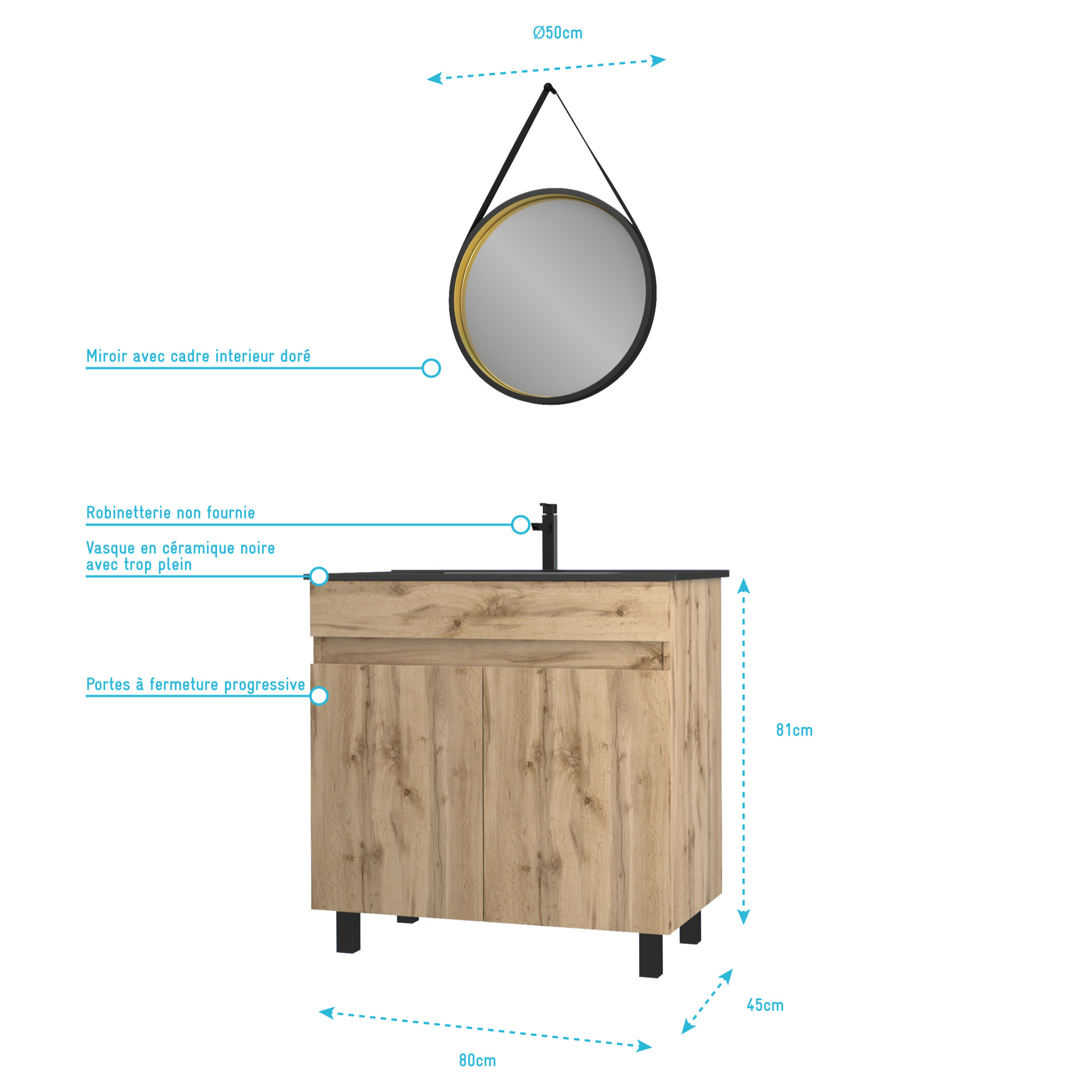 Pack Meuble SDB 80cm sur pieds 2 portes Chene_Vasque noire + Miroir Barber - TIMBER 80_Pack24