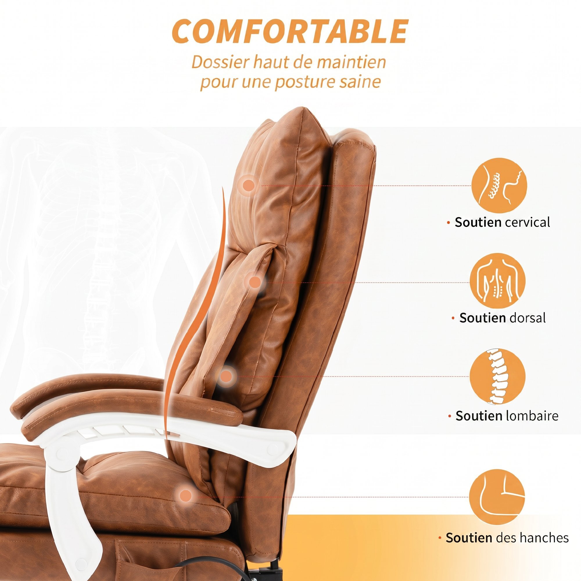 Fauteuil bureau manager inclinable repose-pieds rétractable camel vieilli
