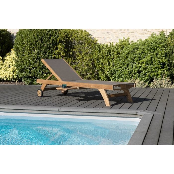 FUN - Bain de soleil textilène couleur taupe en bois Teck