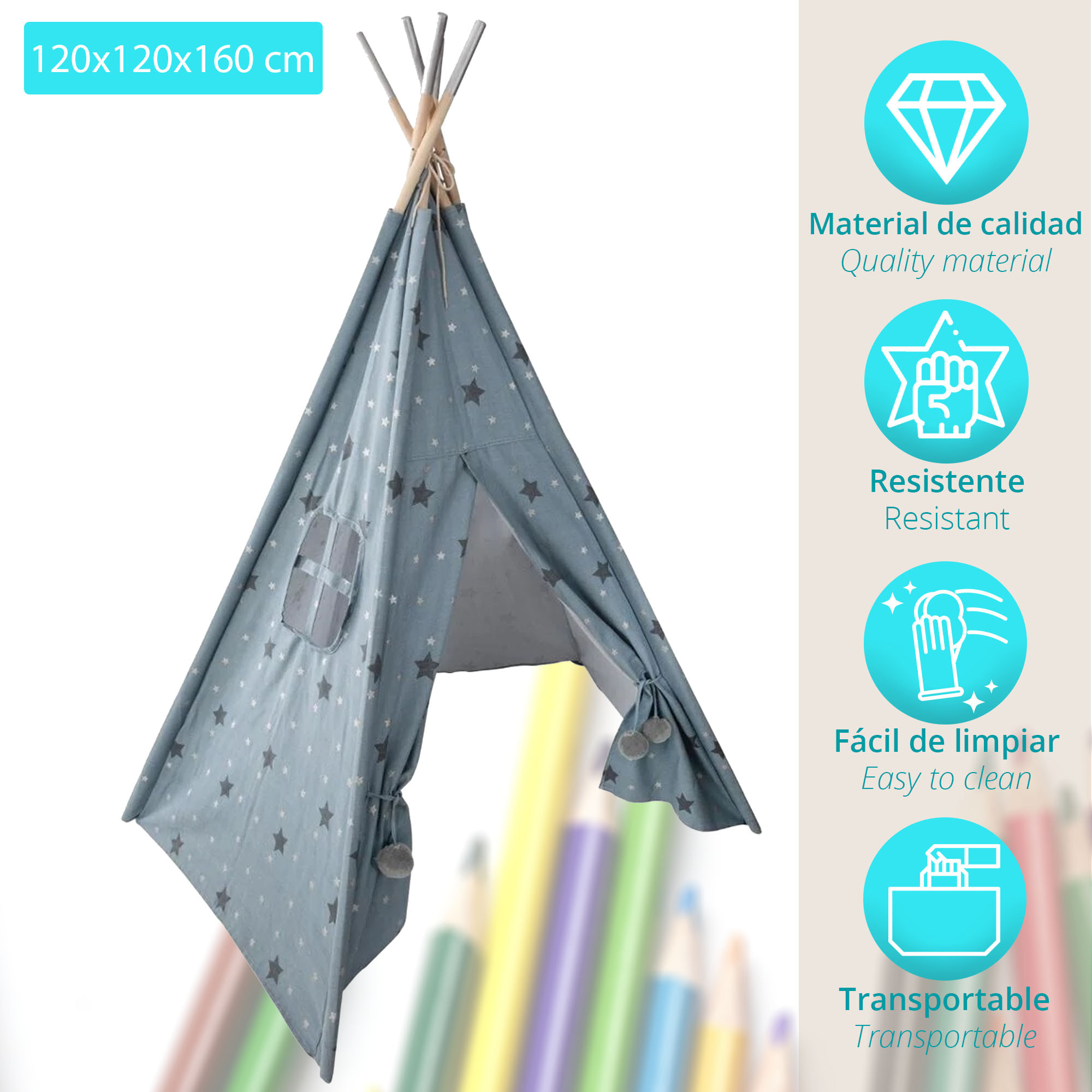 Tipi  alta gama Altura 160 cm Blanco con estrellas rosa y oro