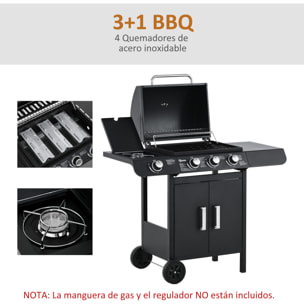 Barbacoa de Gas BBQ con Ruedas Parrilla 3+1 Quemadores 11,6 KW 2 Mesas Laterales