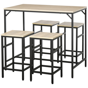 HOMCOM Set de Mesa de Bar y 4 Taburetes 5 Piezas con Reposapiés Juego de Muebles Altas con Mesa de 100x60x88 cm y Taburetes de 32x32x57 cm para Comedor Cocina Negro y Roble