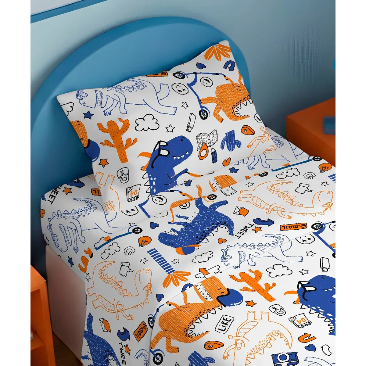 Parure Copripiumino Dino per letto singolo in 100% Cotone e Made in Italy, dinosauri divertenti