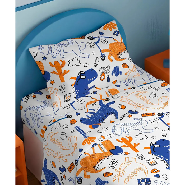 Parure Copripiumino Dino per letto singolo in 100% Cotone e Made in Italy, dinosauri divertenti