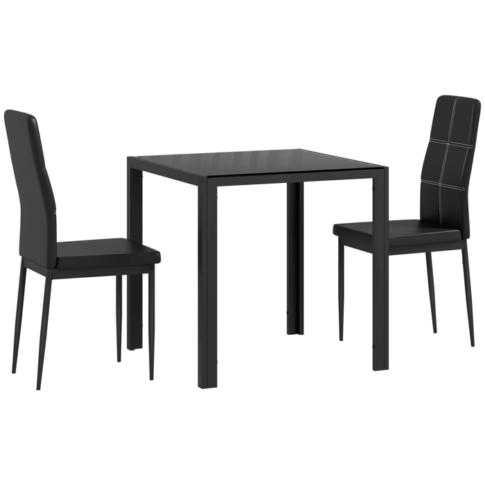 Ensemble table à manger carré et 2 chaises grand confort métal noir plateau verre trempé 8 mm