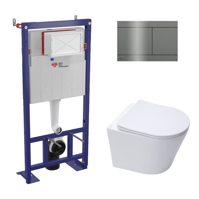 Pack WC bâti-autoportant + WC Infinitio sans bride + Abattant softclose + plaque en acier inoxydable, revêtement PVD, Gun Metal