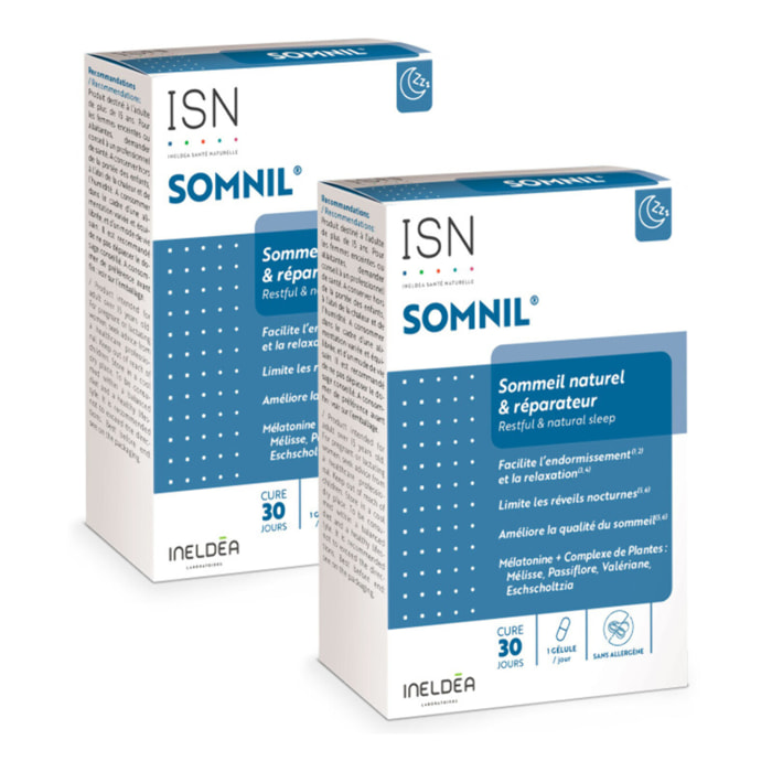 ISN - Somnil - Complément alimentaire - Mélatonine, plantes, vit.B6, Tryptophane - Facilite l'endormissement- Améliore le sommeil - Sans dépendance ni accoutumance - Lot de 2 produits