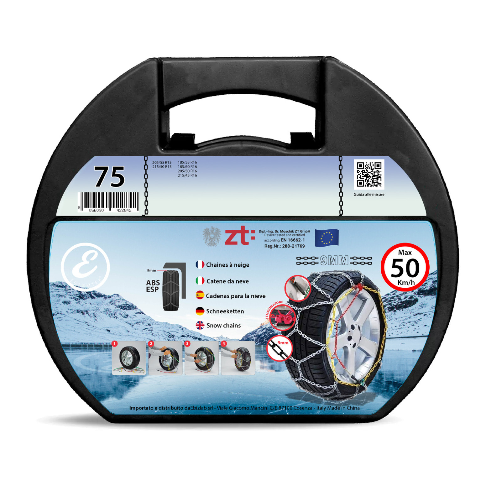 Catene Da Neve In Metallo 9 mm Omologate TUV e GS Onorm Montaggio Rapido Per Auto Macchina Furgone SUV Con Tensionatore Autobloccante (Misura 75)
