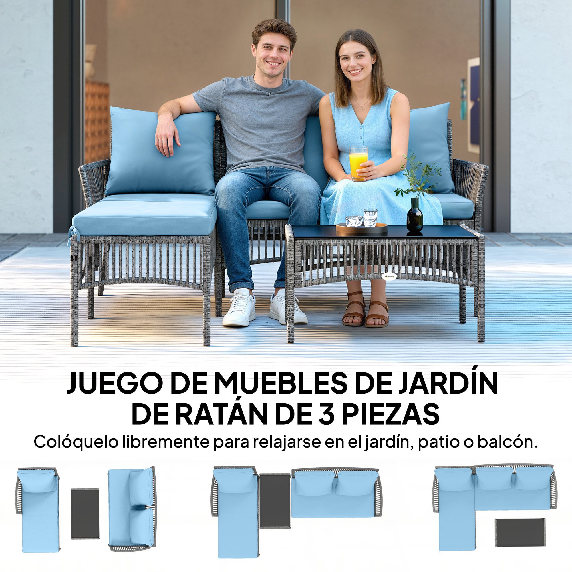 Conjunto de Jardín de Ratán de 3 Piezas, Muebles Jardín Exterior Incluye 1 Sofá de 2 Plazas, 1 Sofá Esquinera, 1 Mesa de Centro con Tablero de Vidrio Templado, Cojines, Resistente, Azul Claro