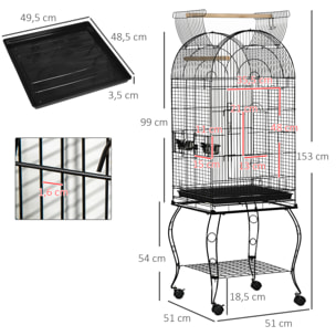 Jaula para Pájaros con Soporte y Ruedas Jaula Grande de Acero con Bandeja Extraíble 4 Puertas y 2 Comederos para Loros Guacamayos 51x51x153 cm Negro