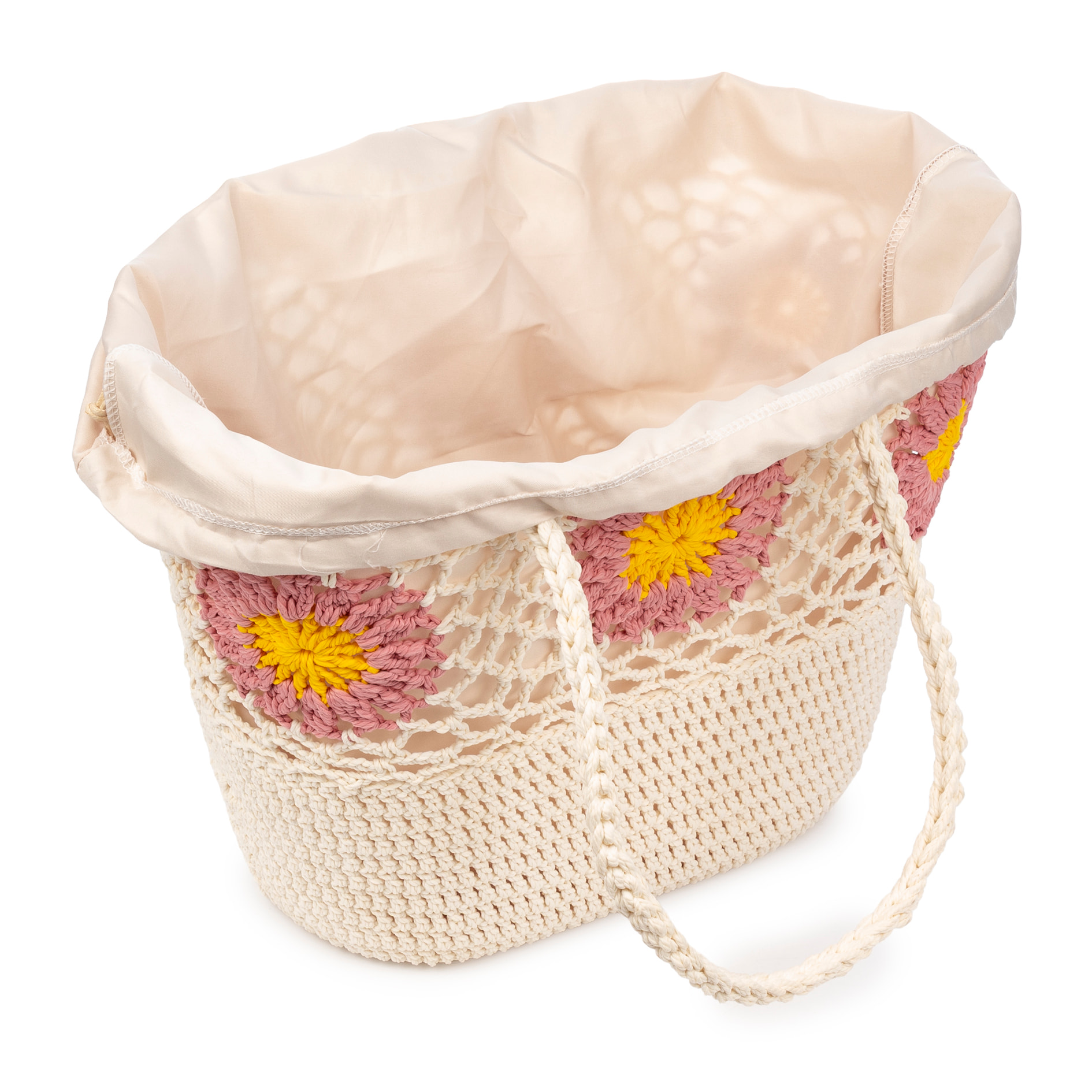 Villaga borsa a spalla da donna. Realizzata in cotone, con fiori decorativi.