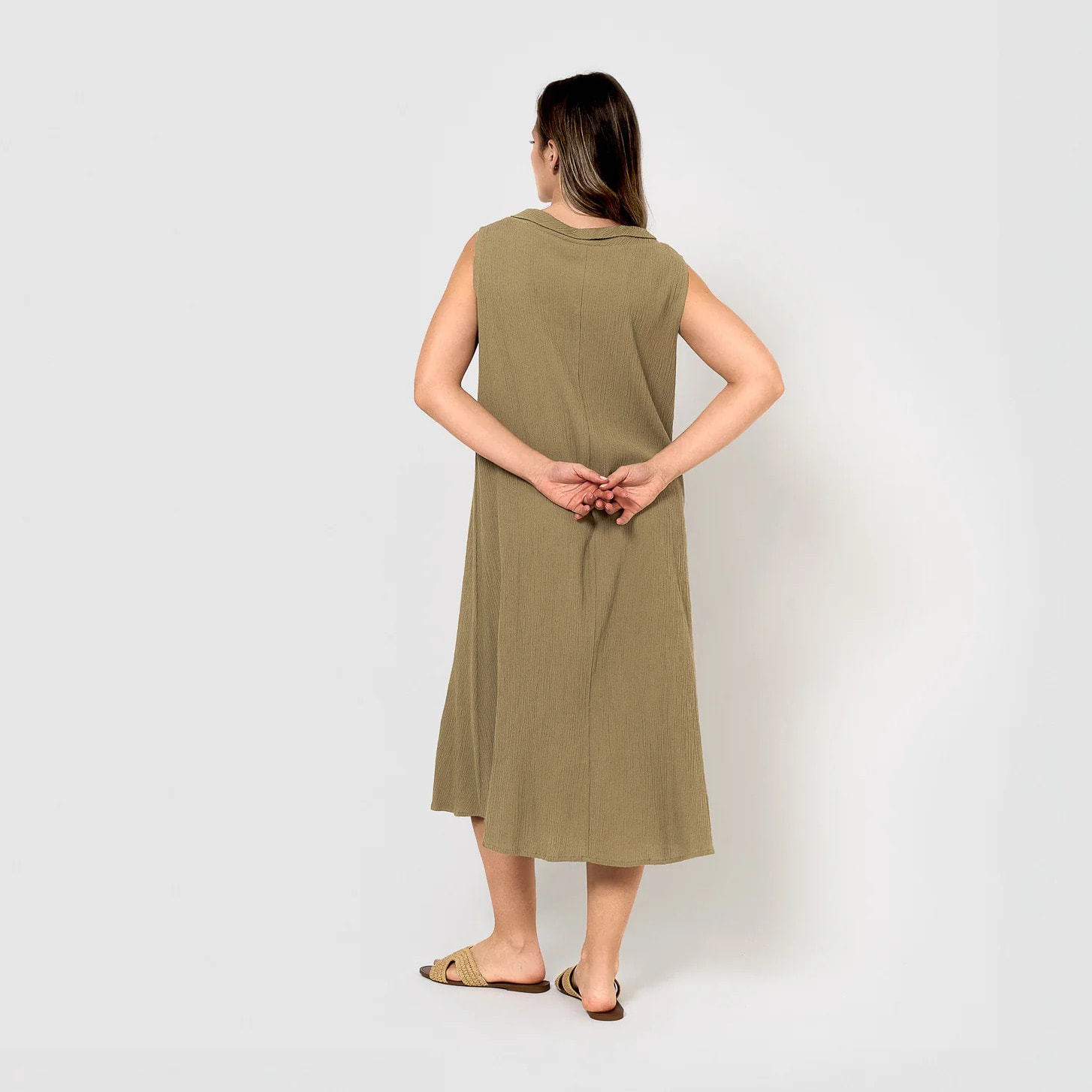 Vestido midi cuello drapeado algodón lino verde cacería