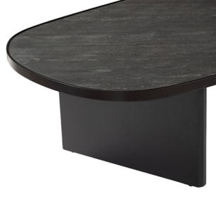 Table basse ovale bois de manguier et placage pierre noire. rebord en métal. L 119.5 x P 60 x H 35cm