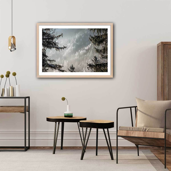 Affiche paysage forest in fog drama Affiche + cadre en bois - Chêne