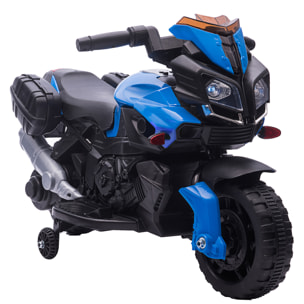 Moto électrique enfant 6 V 3 Km/h effet lumineux et sonore roulettes amovibles repose-pied valises latérales métal PP bleu noir