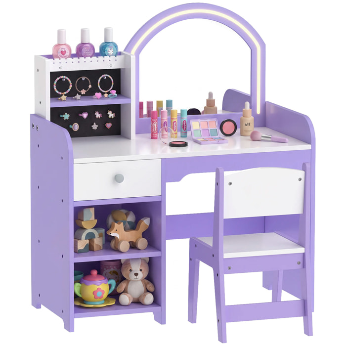 AIYAPLAY Tocador de Maquillaje Niña con Espejo de LED de 2 Colores, Taburete, 2 Soportes para Joyas, Cajón, 2 Compartimentos, Tocador Infantil para Niños de 3-8 Años, para Habitación Infantil, Morado