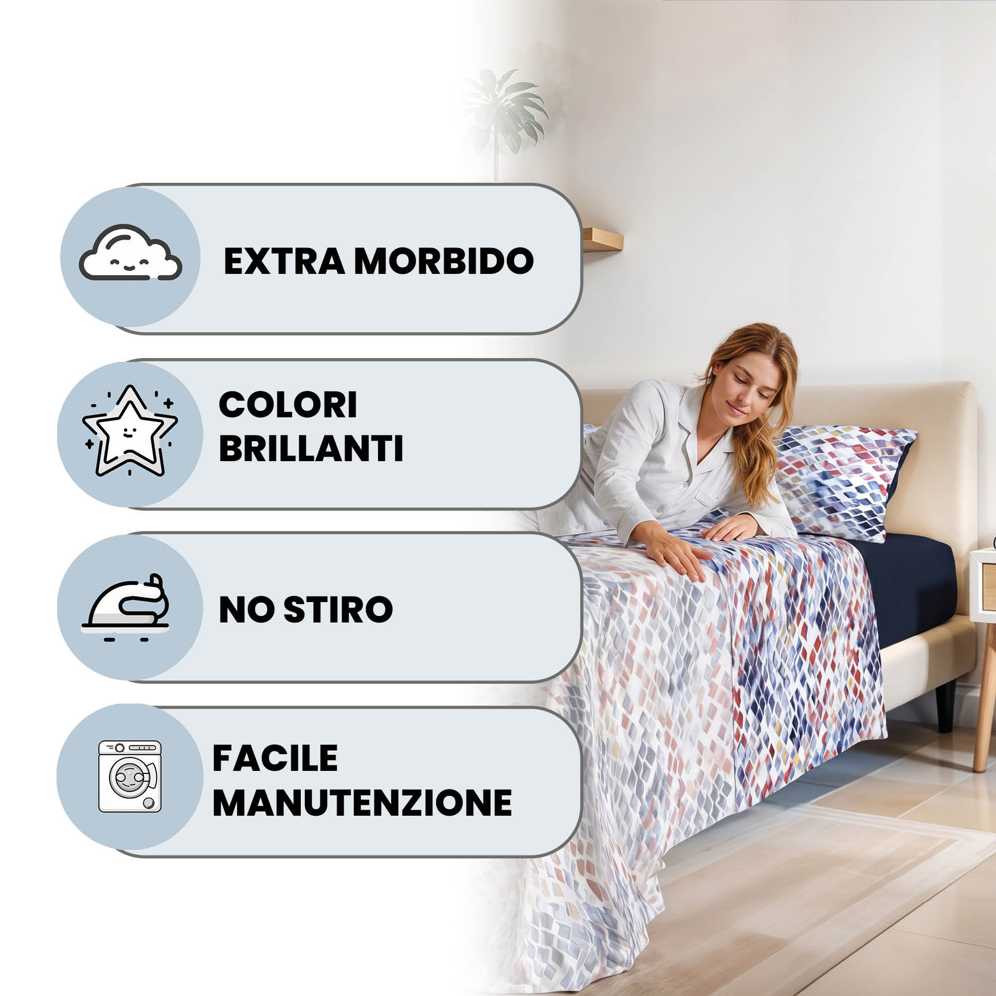 COMPLETO LETTO FASHION, 100% Microfibra, No Stiro - LENA