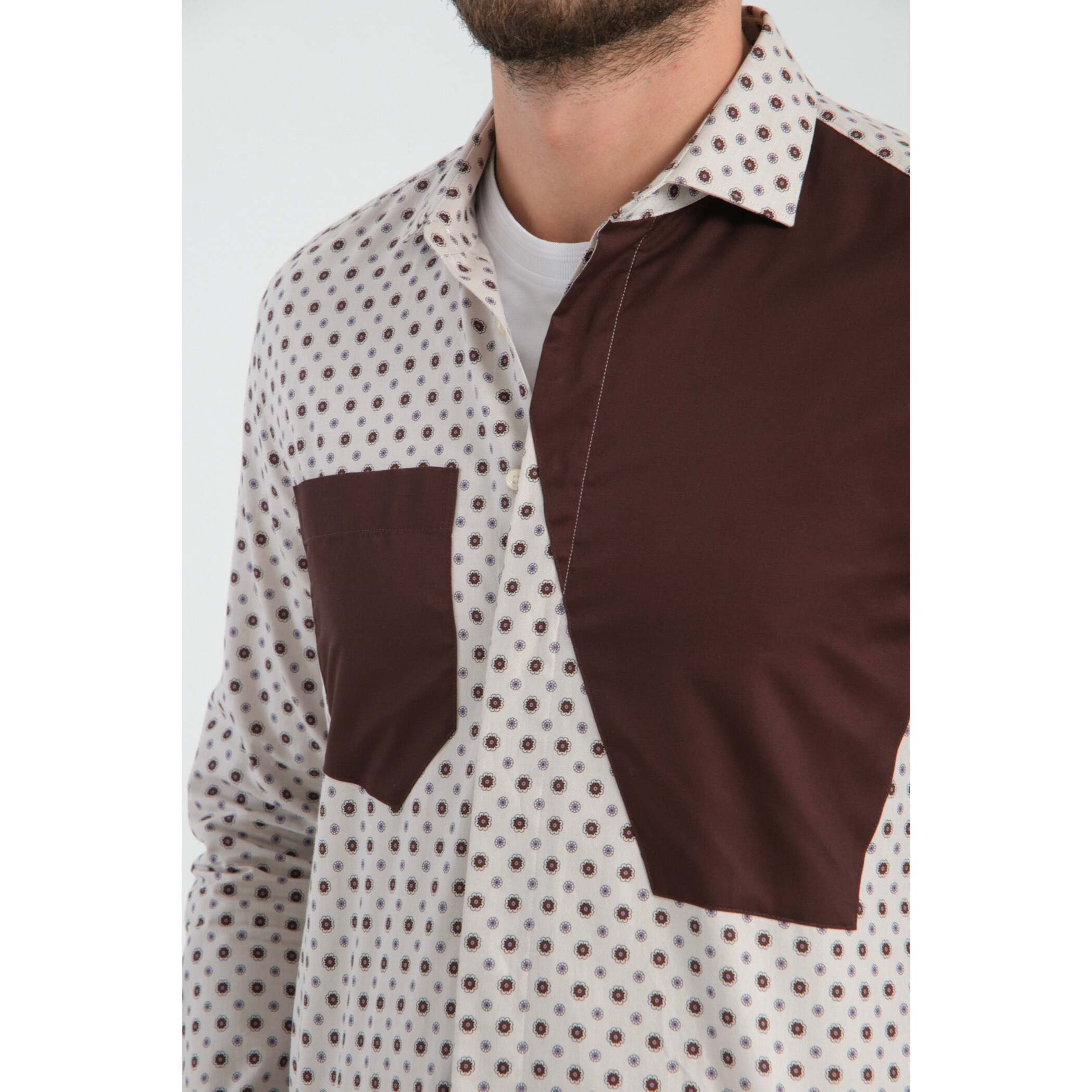 Camici Uomo Kent Popeline Fantasia Beige e Marrone